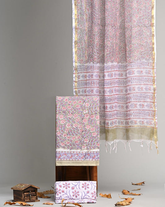 Pure Cotton Hand Block Print Suit With Kota Doriya Dupatta