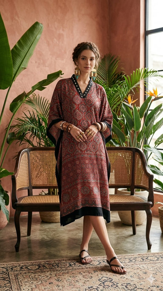 Pure Modal Silk Handblock Printed Kaftans Stitched suit With Hand Mirror Work