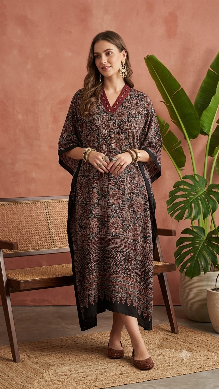 Pure Modal Silk Handblock Printed Kaftans Stitched suit With Hand Mirror Work