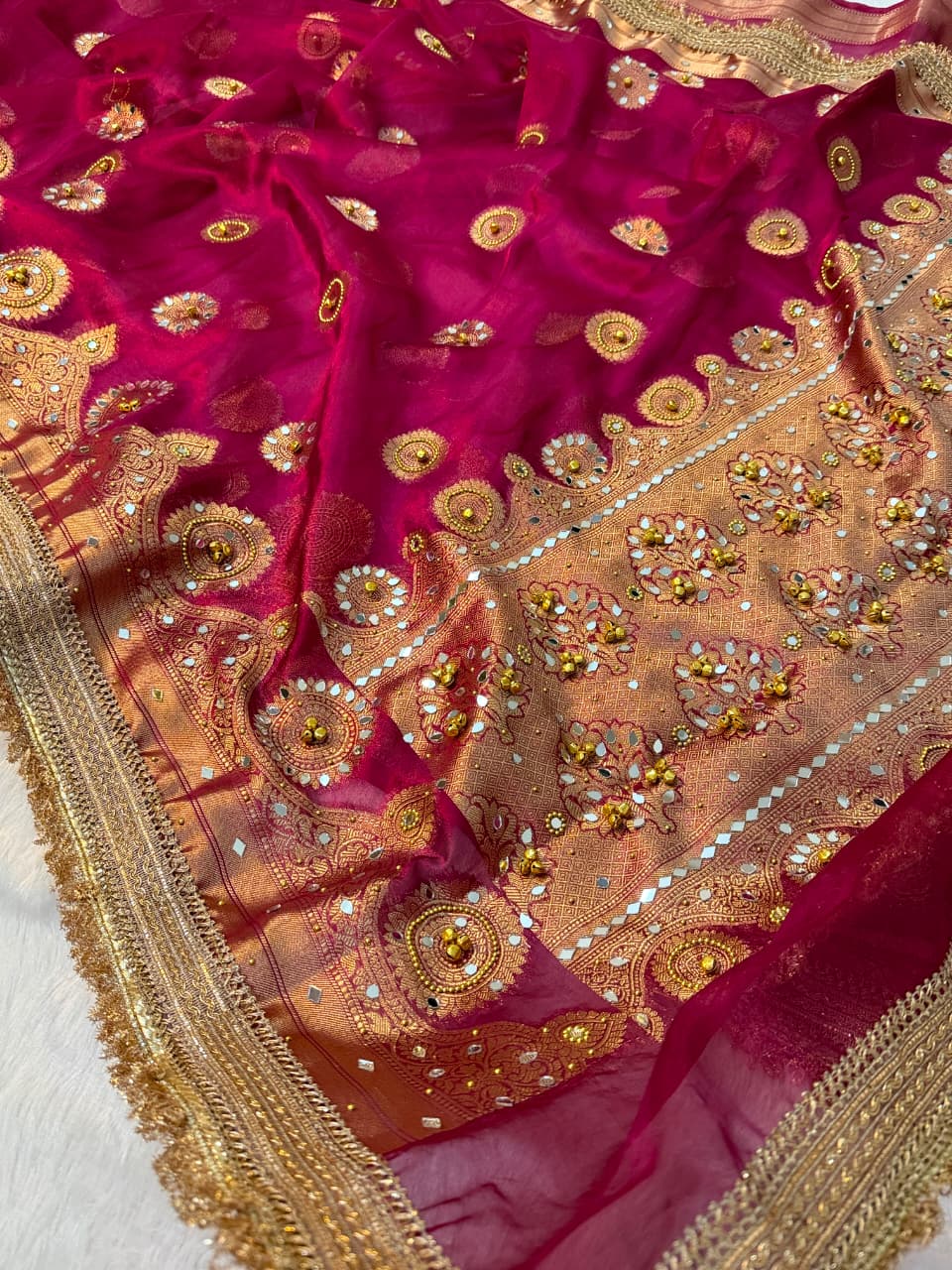 Premium Banarasi Tissue Zari Weaving Saree with Ghungroo Handwork Border