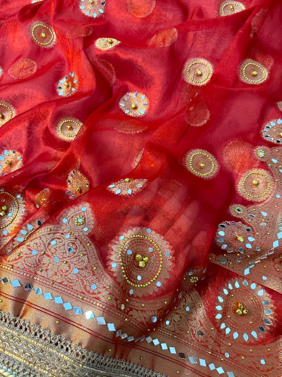 Premium Banarasi Tissue Zari Weaving Saree with Ghungroo Handwork Border