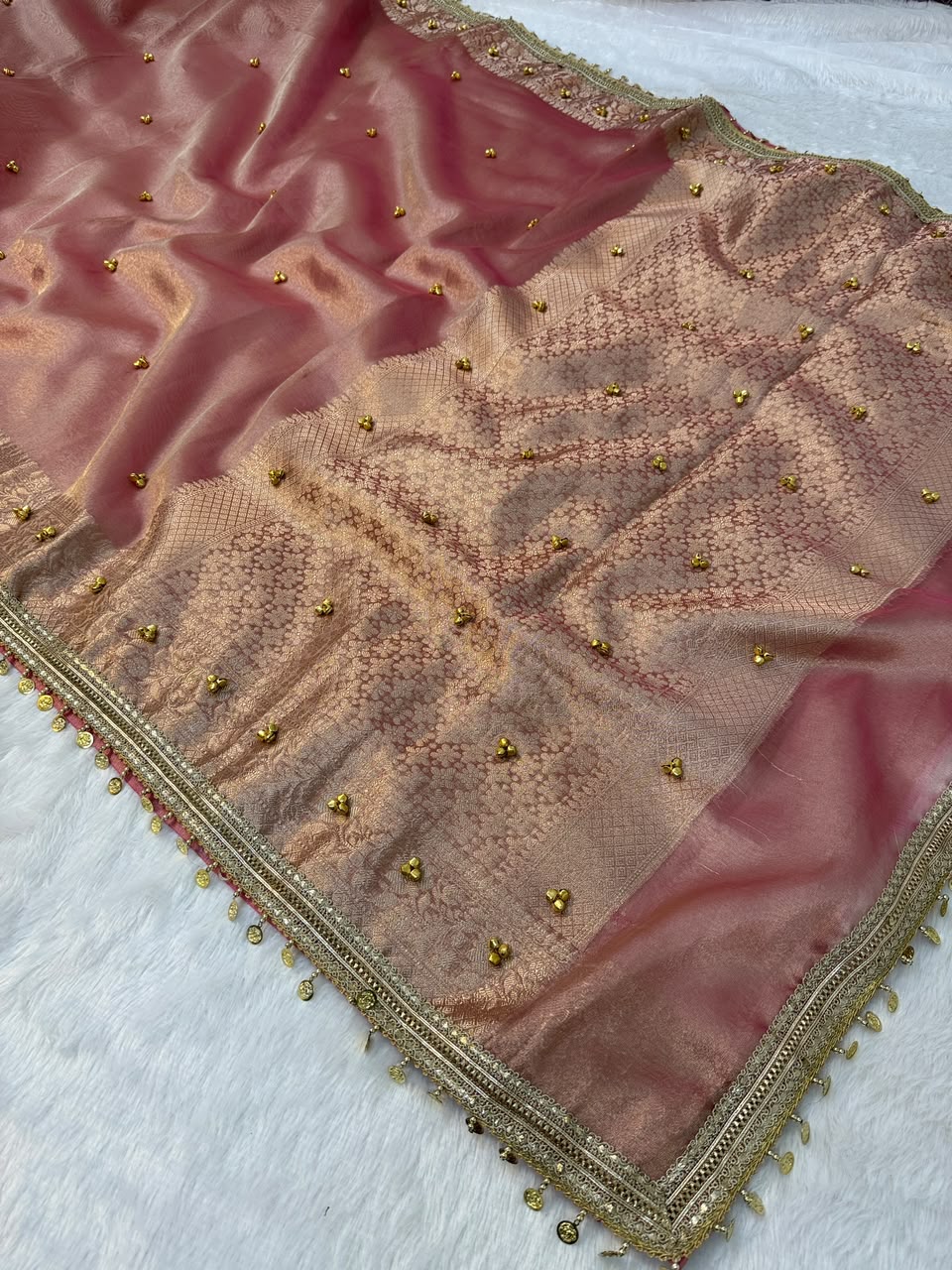 Premium Banarasi Tissue Zari Weaving Saree with Ghungroo Handwork Border