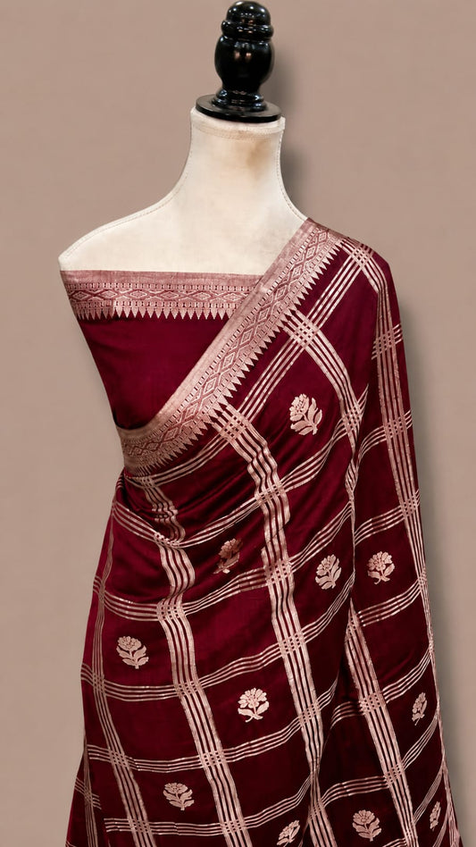 Mango Katan Banarasi Soft Silk Saree with Zari Check Weaving and Floral Boota Work