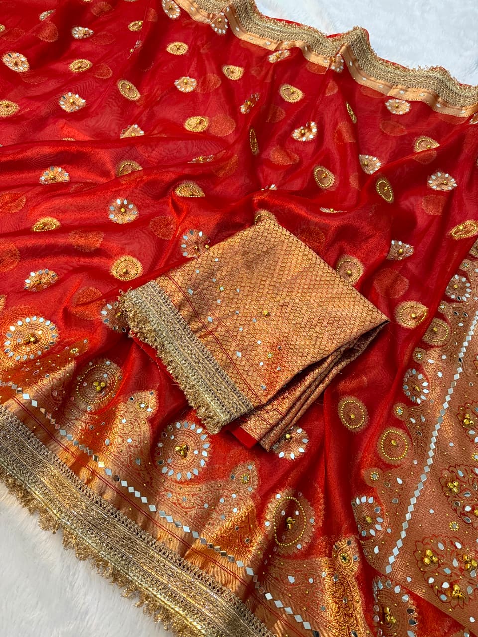 Premium Banarasi Tissue Zari Weaving Saree with Ghungroo Handwork Border