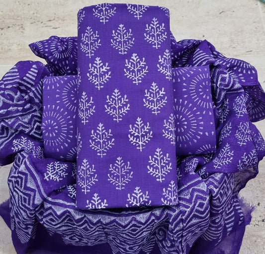 Pure Cotton Hand Block Printed Unstitched Suit With Chiffon Dupatta.