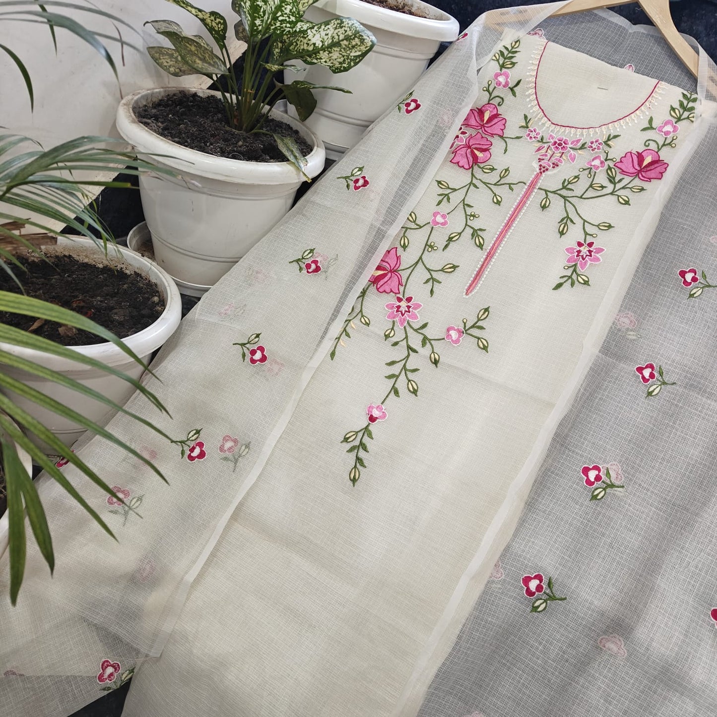 Kota Doria Embroidery work Unstitched Suit