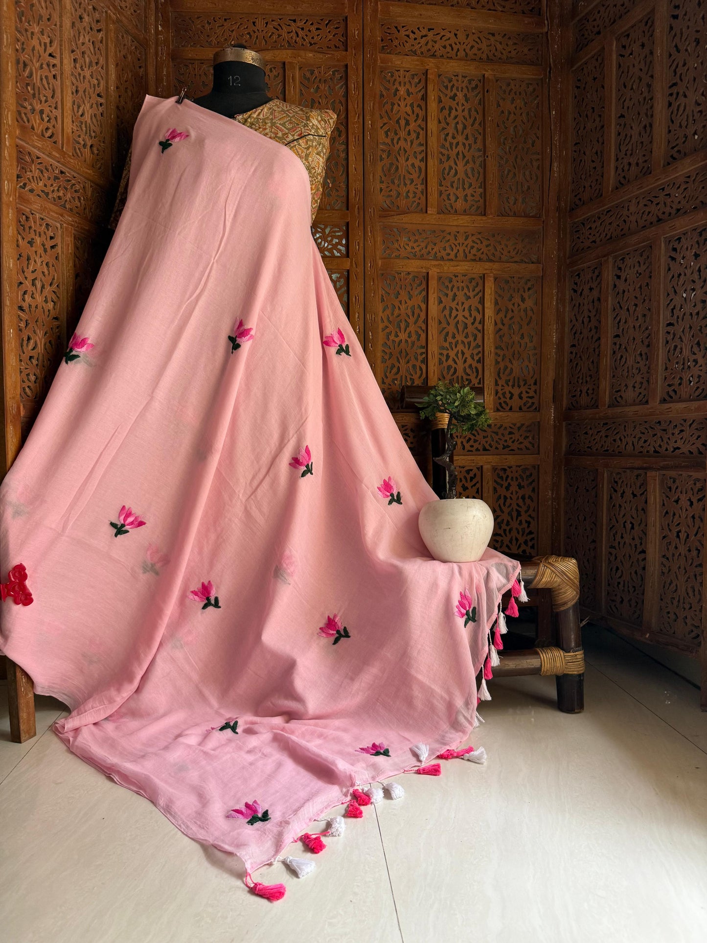 Fully handwork handstitch flower on pure handwoven mulmul