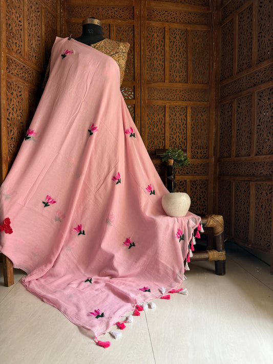 Fully handwork handstitch flower on pure handwoven mulmul