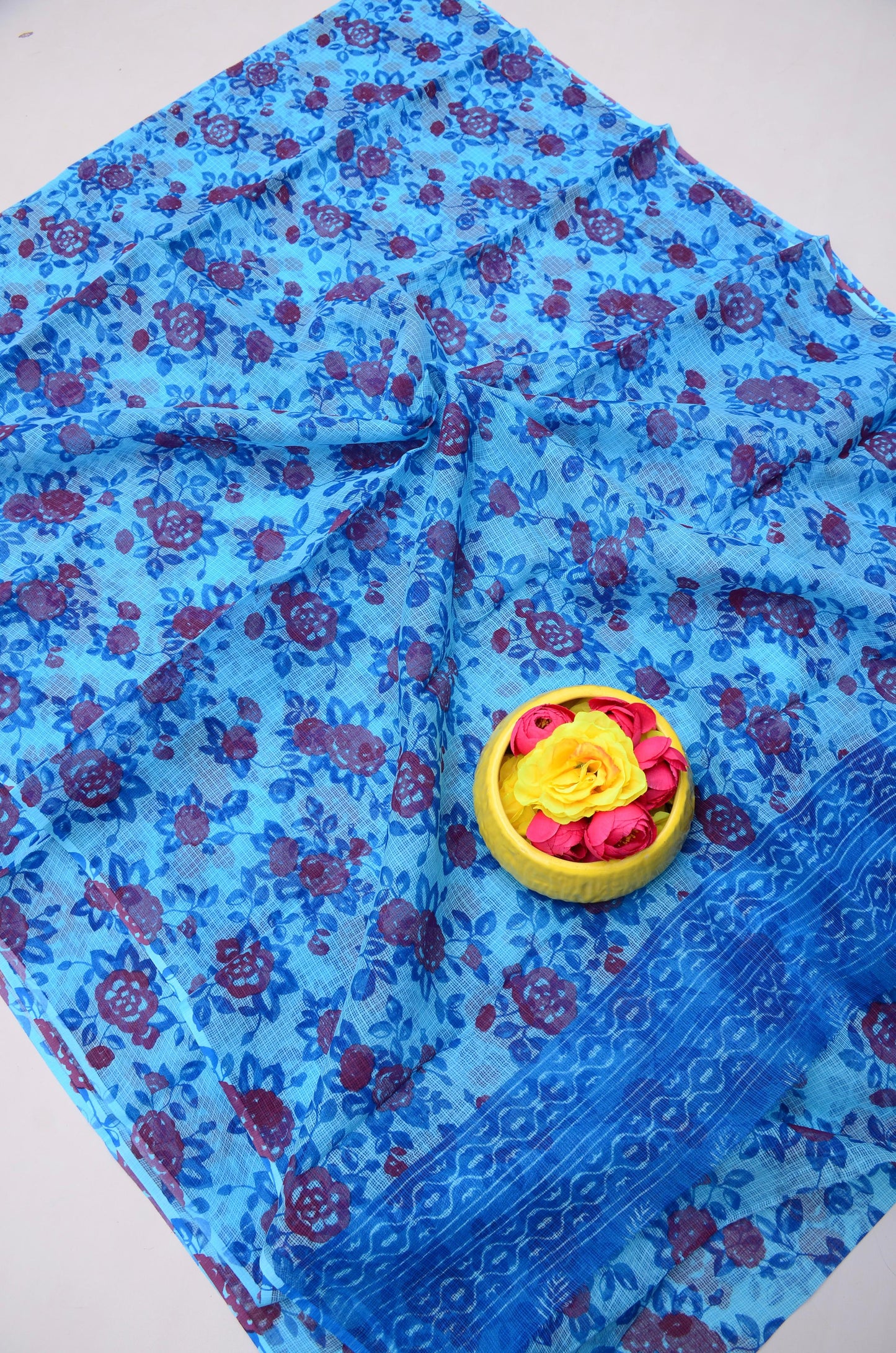 Pure Cotton Kota Doria Kalam Kari Floral Print Saree