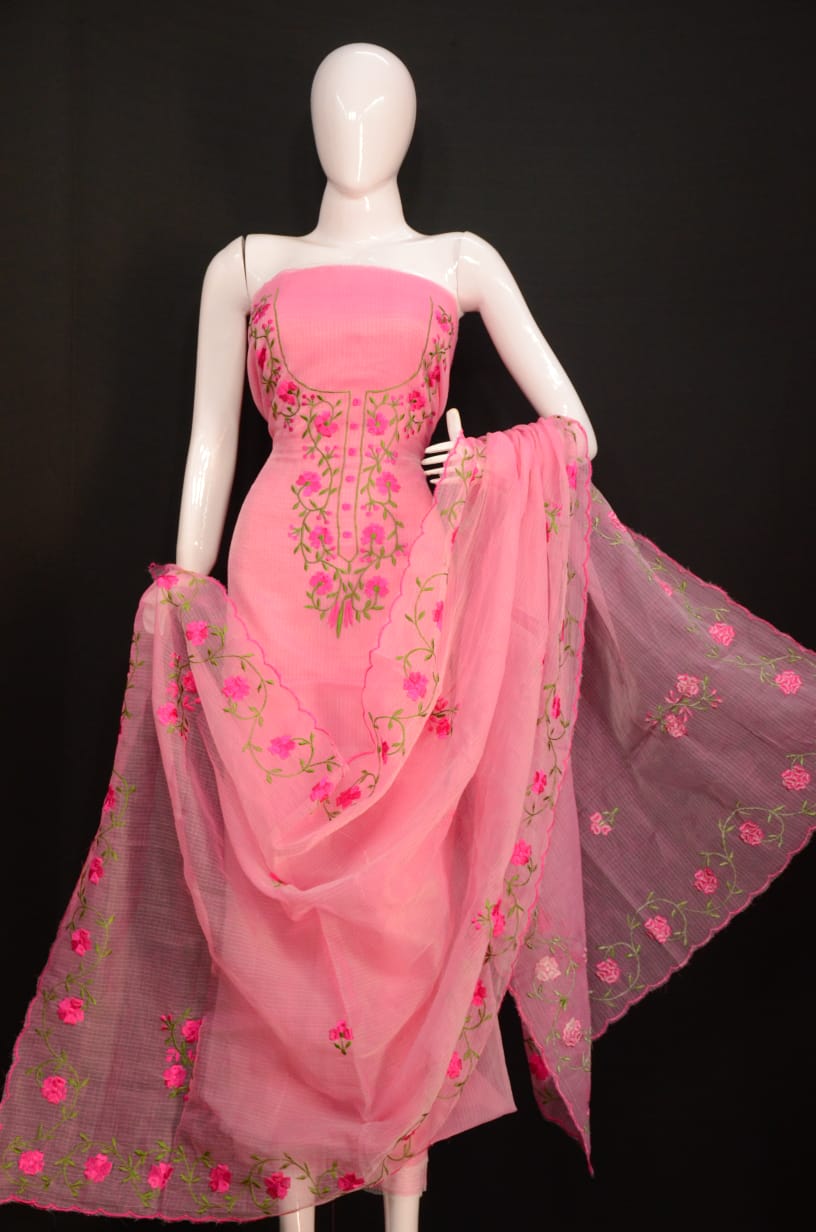 Pure Kota-Doria Unstitched Suit with Embroidery Work