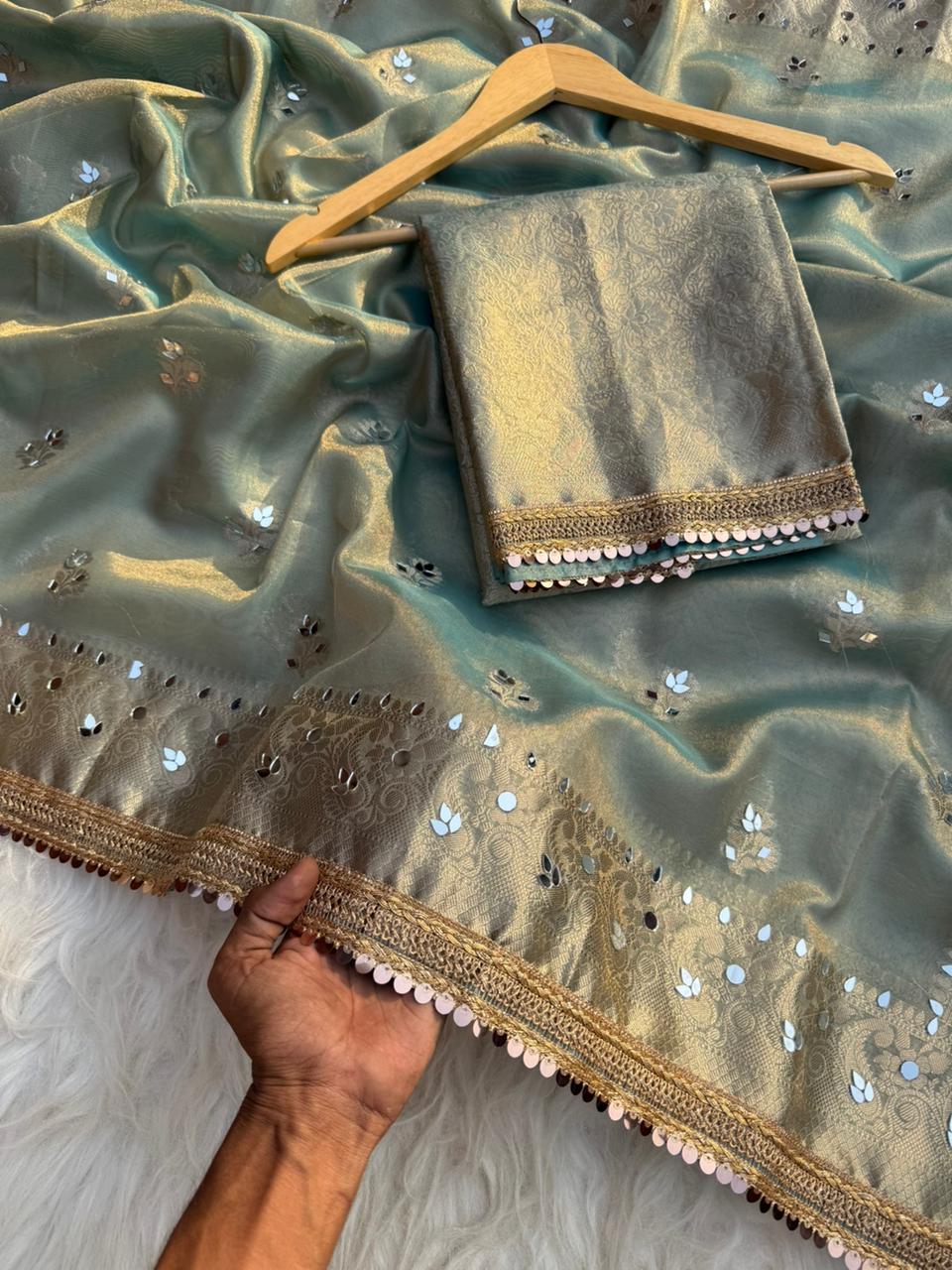 Elegant Tissue Mirror Work Saree with Designer Lace Border