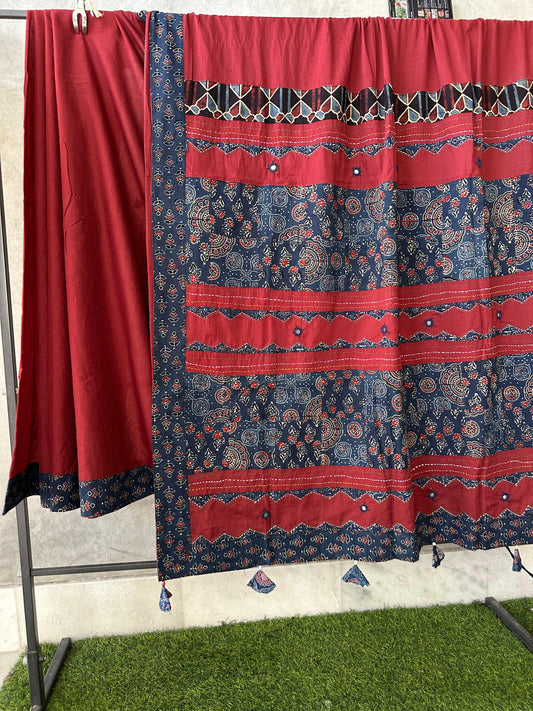 Pure Mul Cotton Saree With Ajrakh Mirror Work