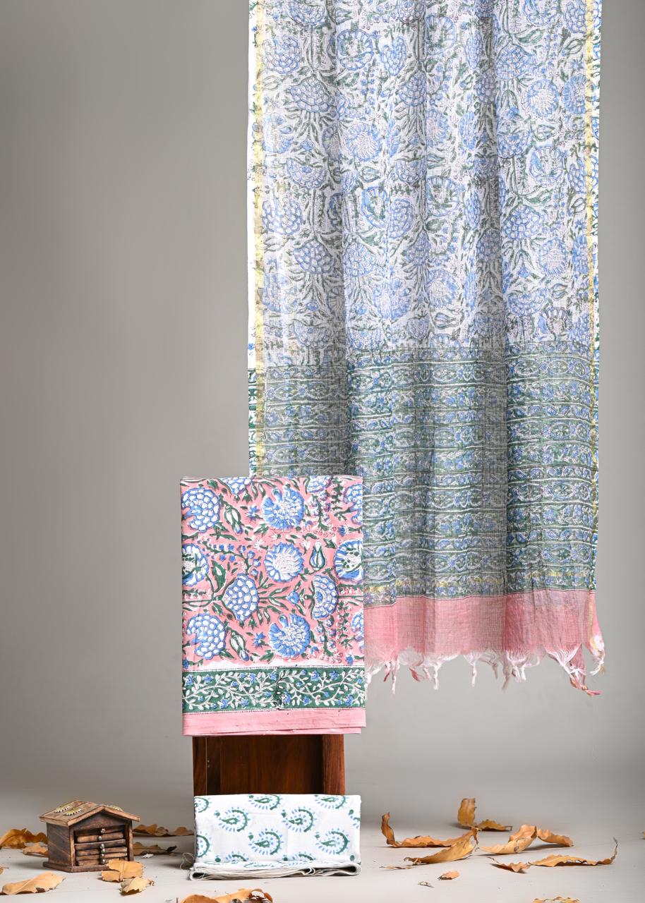 Pure Cotton Hand Block Print Suit With Kota Doriya Dupatta