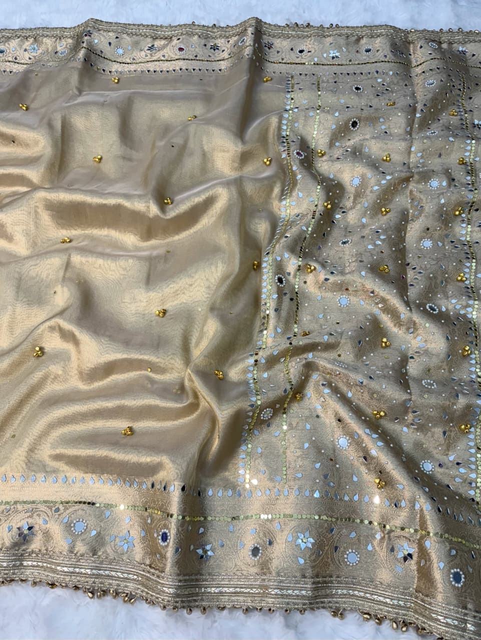 Premium Banarasi Tissue Zari Weaving Saree with Ghungroo Handwork Border