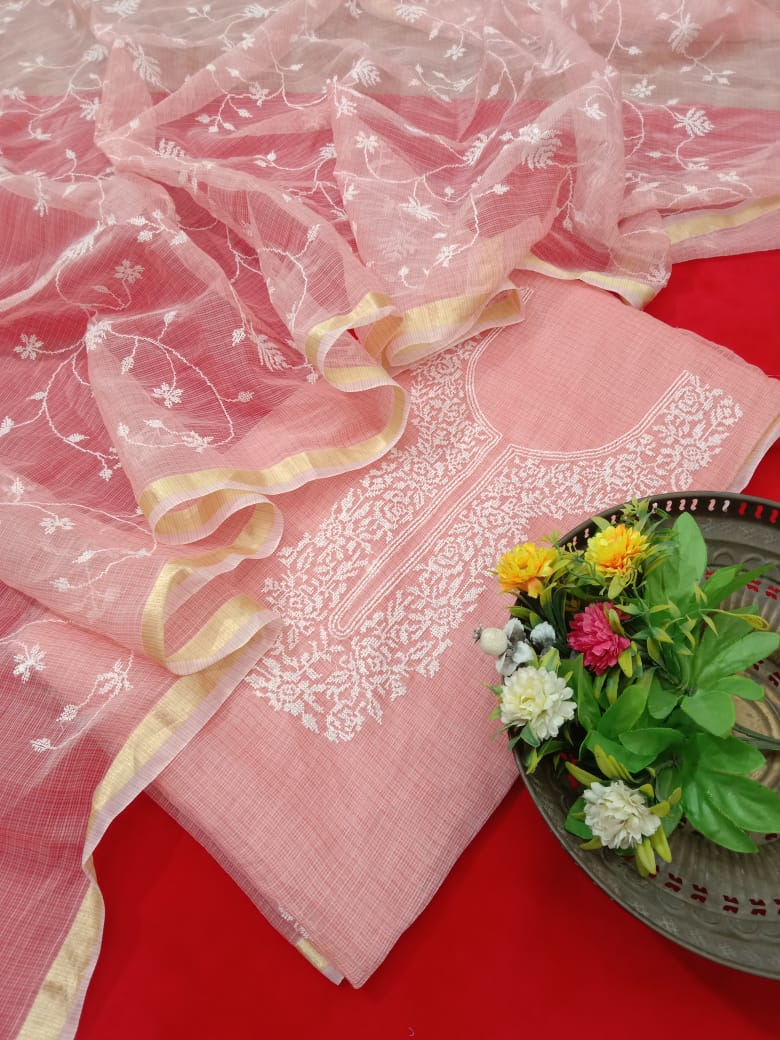Pure Kota-Doria Unstitched Suit with Embroidery Work