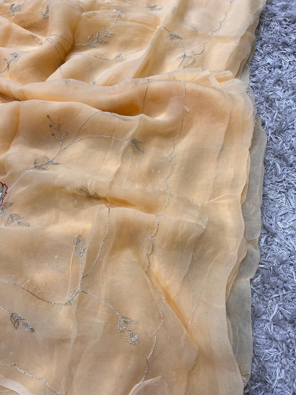Pure Jaipuri Chiffon Jaal Work Saree With Beautiful Rajputi look and Running Blouse
