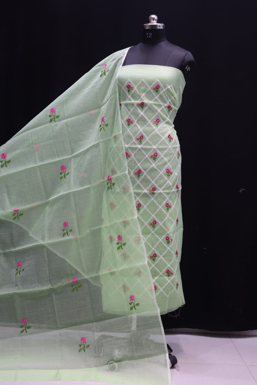 Pure Kota-Doria Unstitched Suit with Embroidery Work