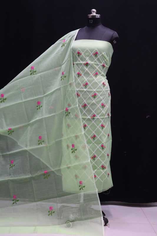 Pure Kota-Doria Unstitched Suit with Embroidery Work