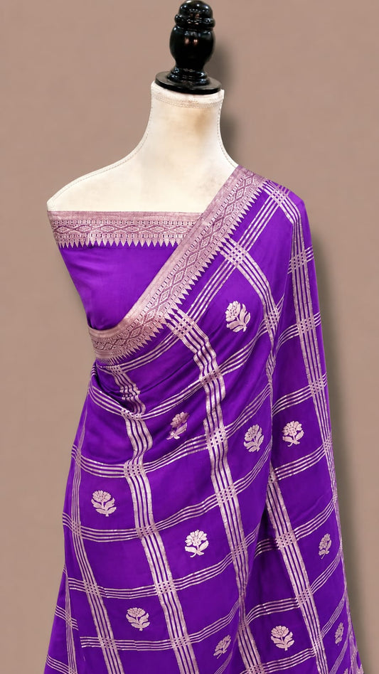 Mango Katan Banarasi Soft Silk Saree with Zari Check Weaving and Floral Boota Work