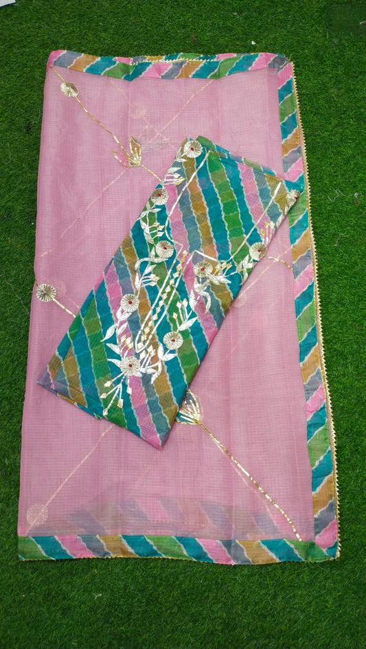 Premium Kota Doria Cotton 3 Pic Unstitched Suit Material with Hand Gota Work & Dupatta