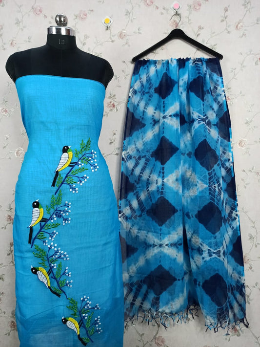 Kota-Doria Unstitched Suit with Embroidey Work