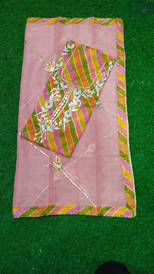 Premium Kota Doria Cotton 3 Pic Unstitched Suit Material with Hand Gota Work & Dupatta