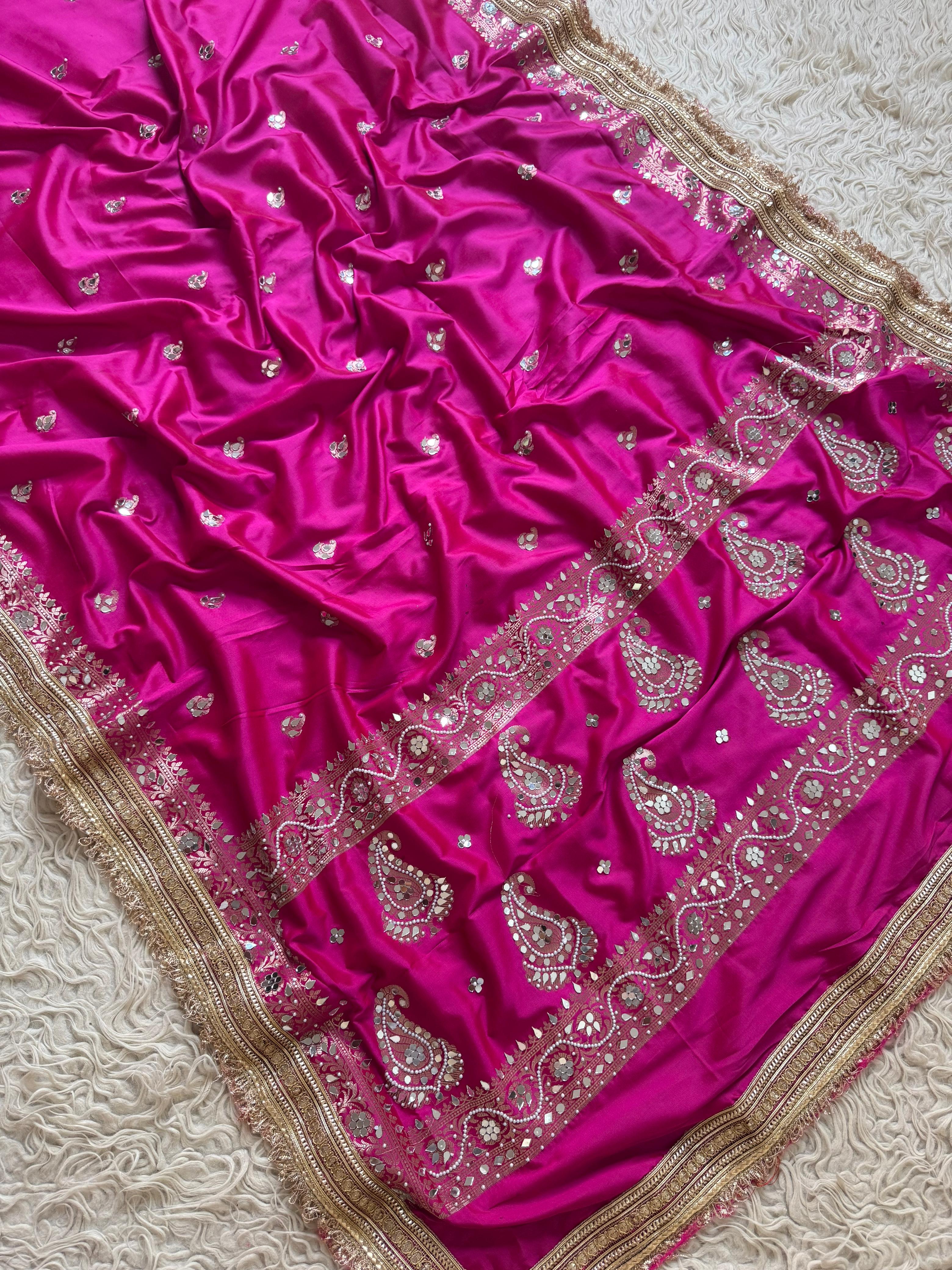 Banarasi Katan Mirror Work Saree With Beautiful Maharani Borders