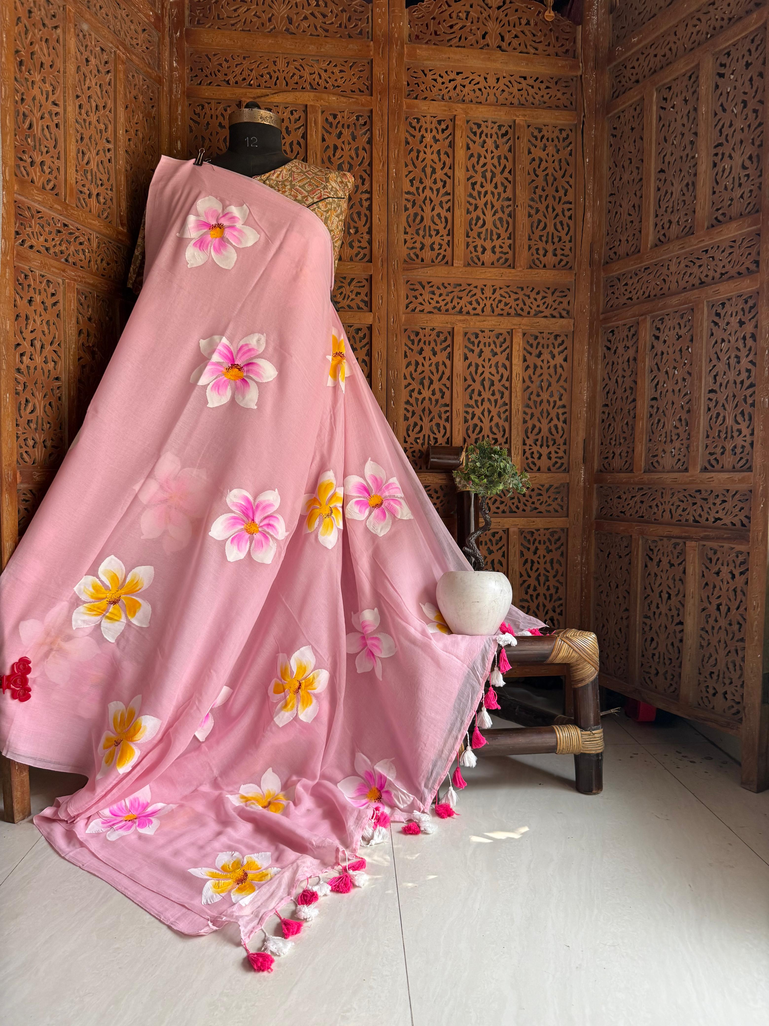 Beautiful Mulmul   Cotton Flowers design Hand Painted Saree