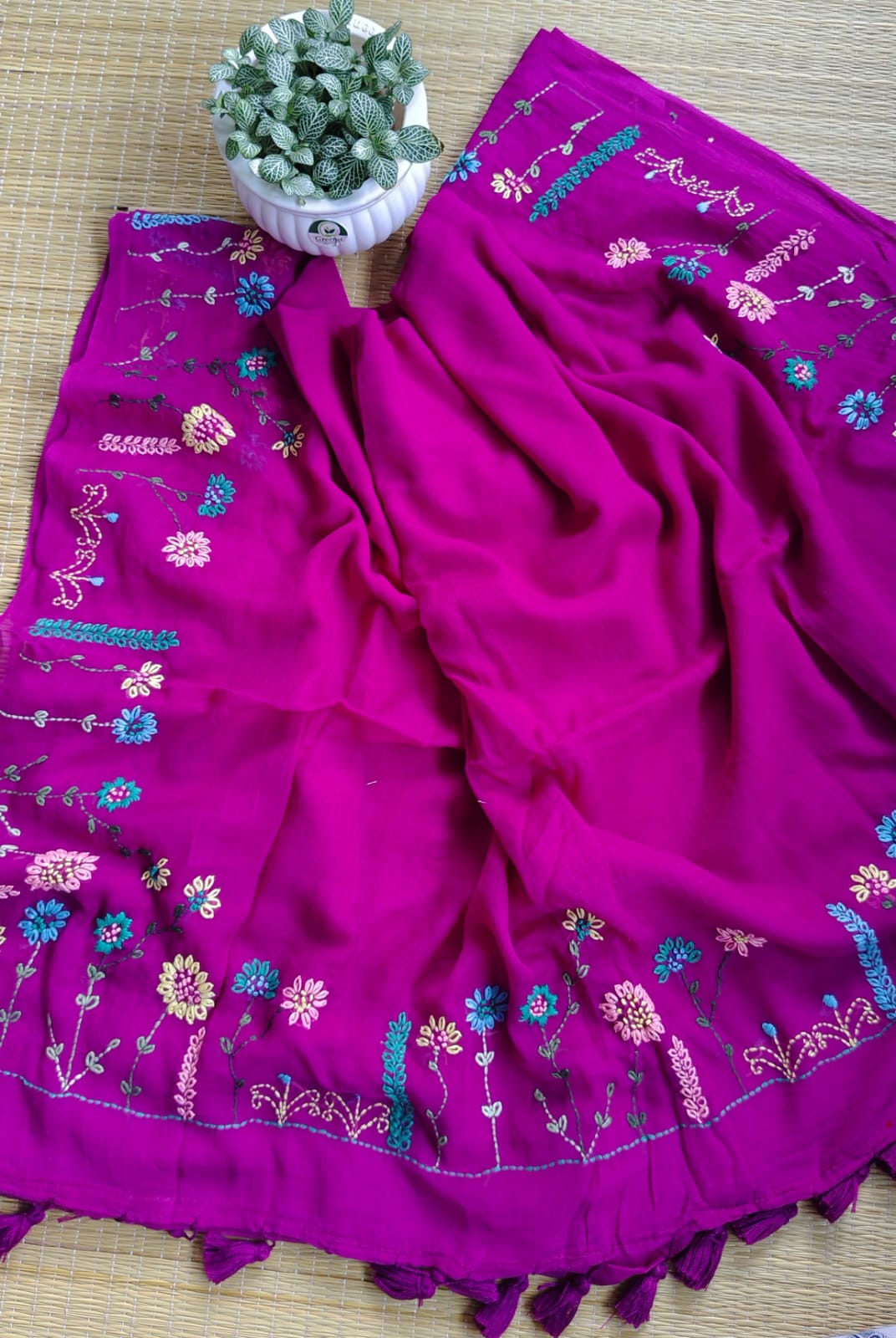 Beautiful Hand Stitch Pure Mul Cotton Saree Without blouse