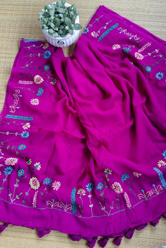 Beautiful Hand Stitch Pure Mul Cotton Saree Without blouse