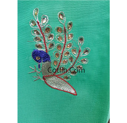 Pure Jaipuri Chiffon 15 big motif work Saree with running blouse