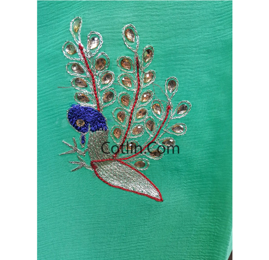 Beautiful Pure Jaipuri Chiffon 13 big Bird motif work Saree with blouse