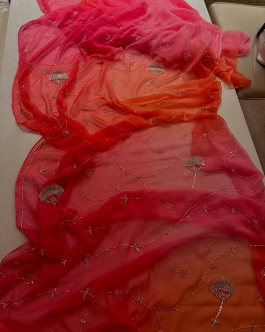 Pure Jaipuri Chiffon Jaal Work Saree With Beautiful Rajputi look and Running Blouse