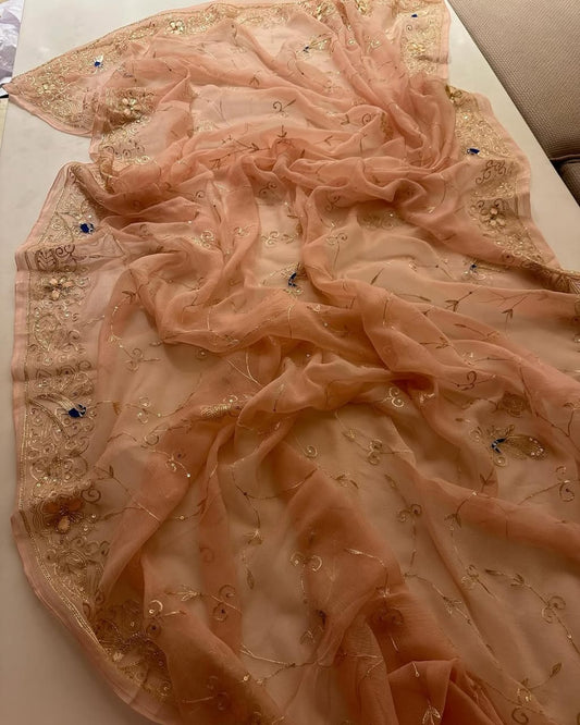 Pure Jaipuri Chiffon Jaal Work Saree With Beautiful Rajputi look and Running Blouse