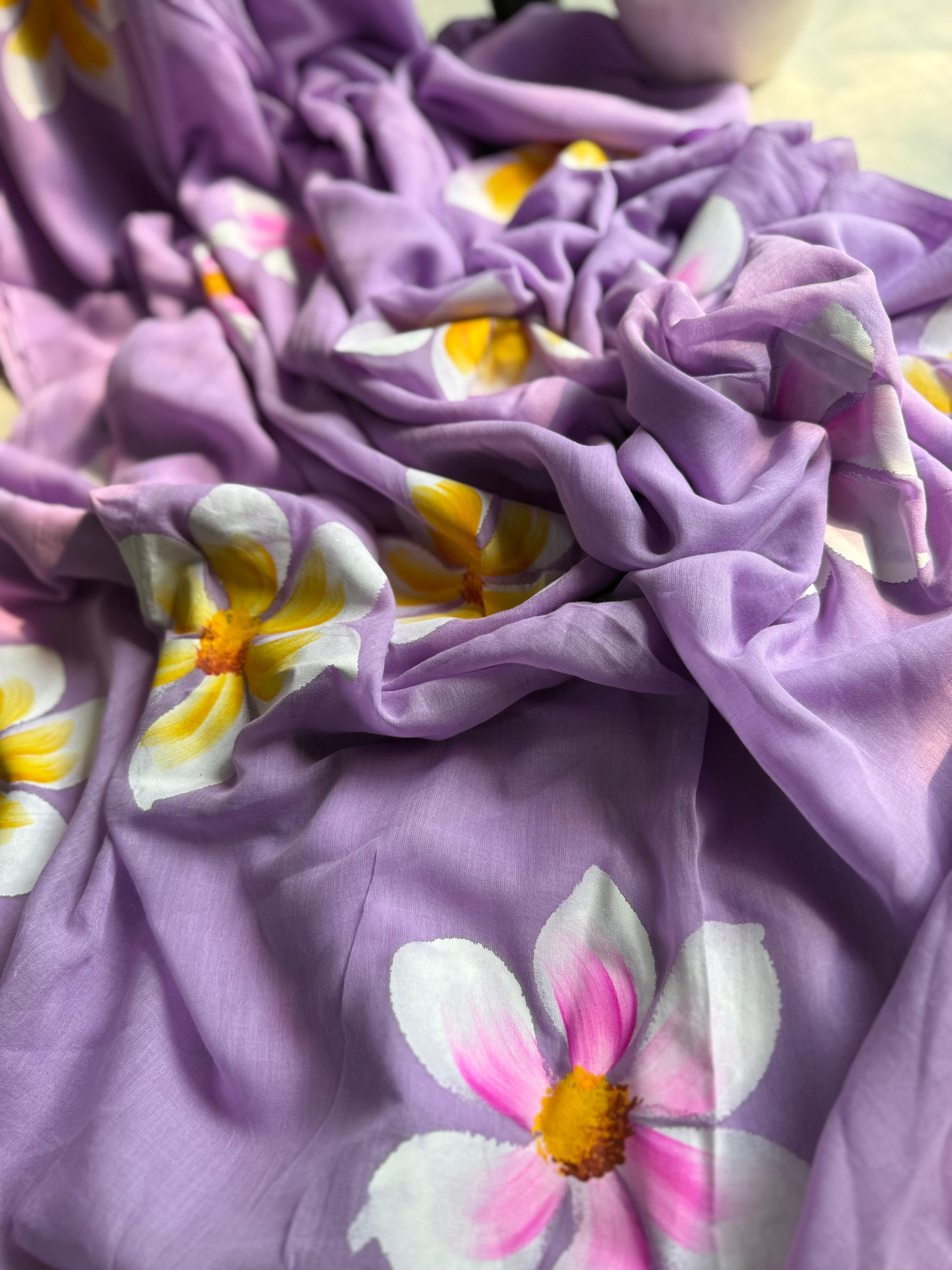 Beautiful Mulmul   Cotton Flowers design Hand Painted Saree