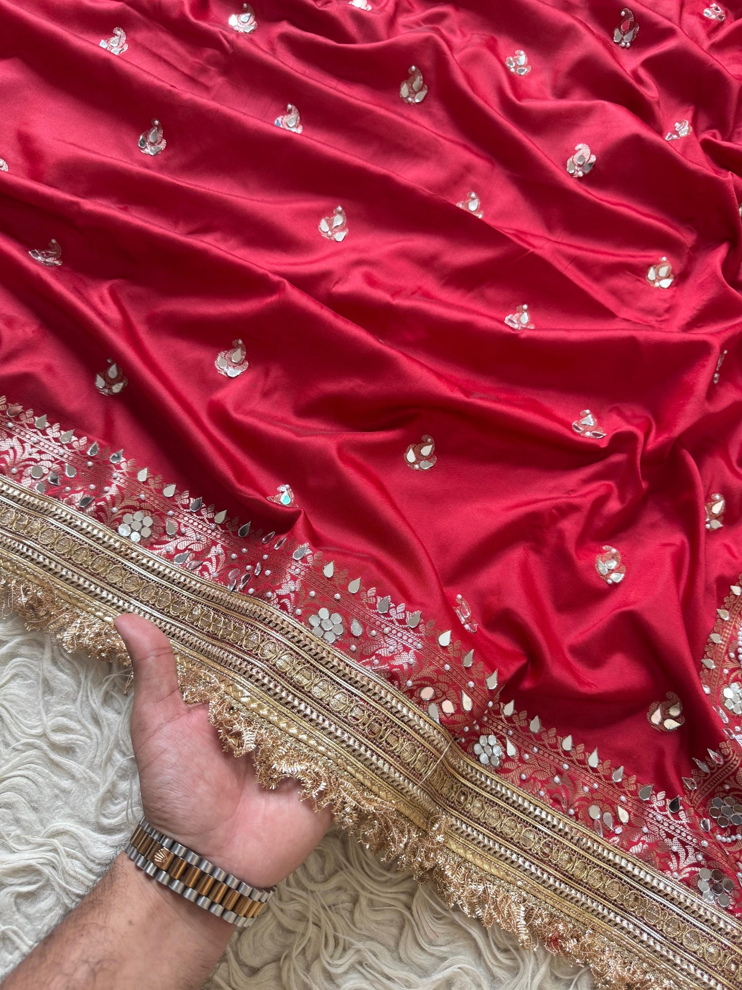 Banarasi Katan Mirror Work Saree With Beautiful Maharani Borders