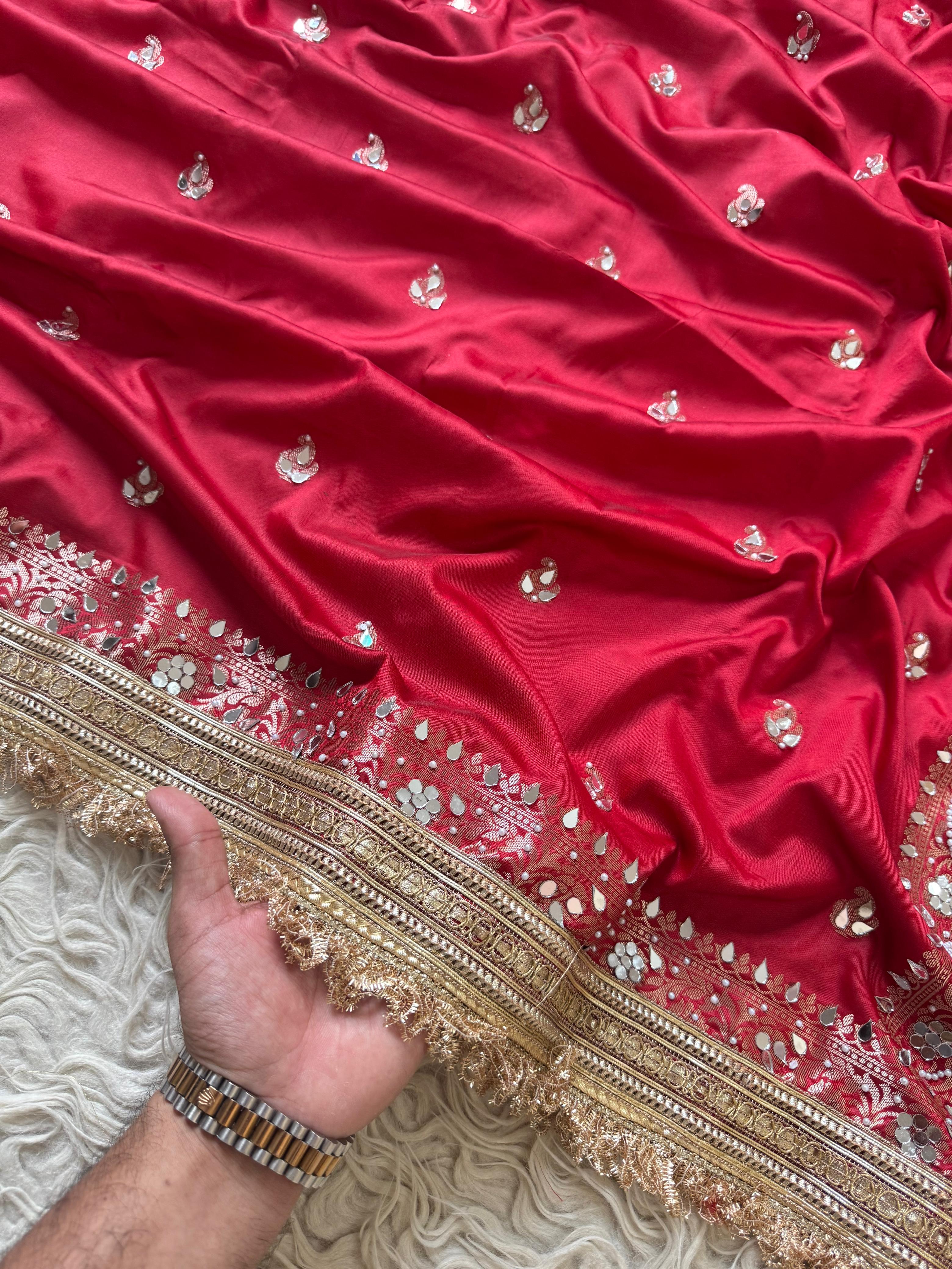 Banarasi Katan Mirror Work Saree With Beautiful Maharani Borders