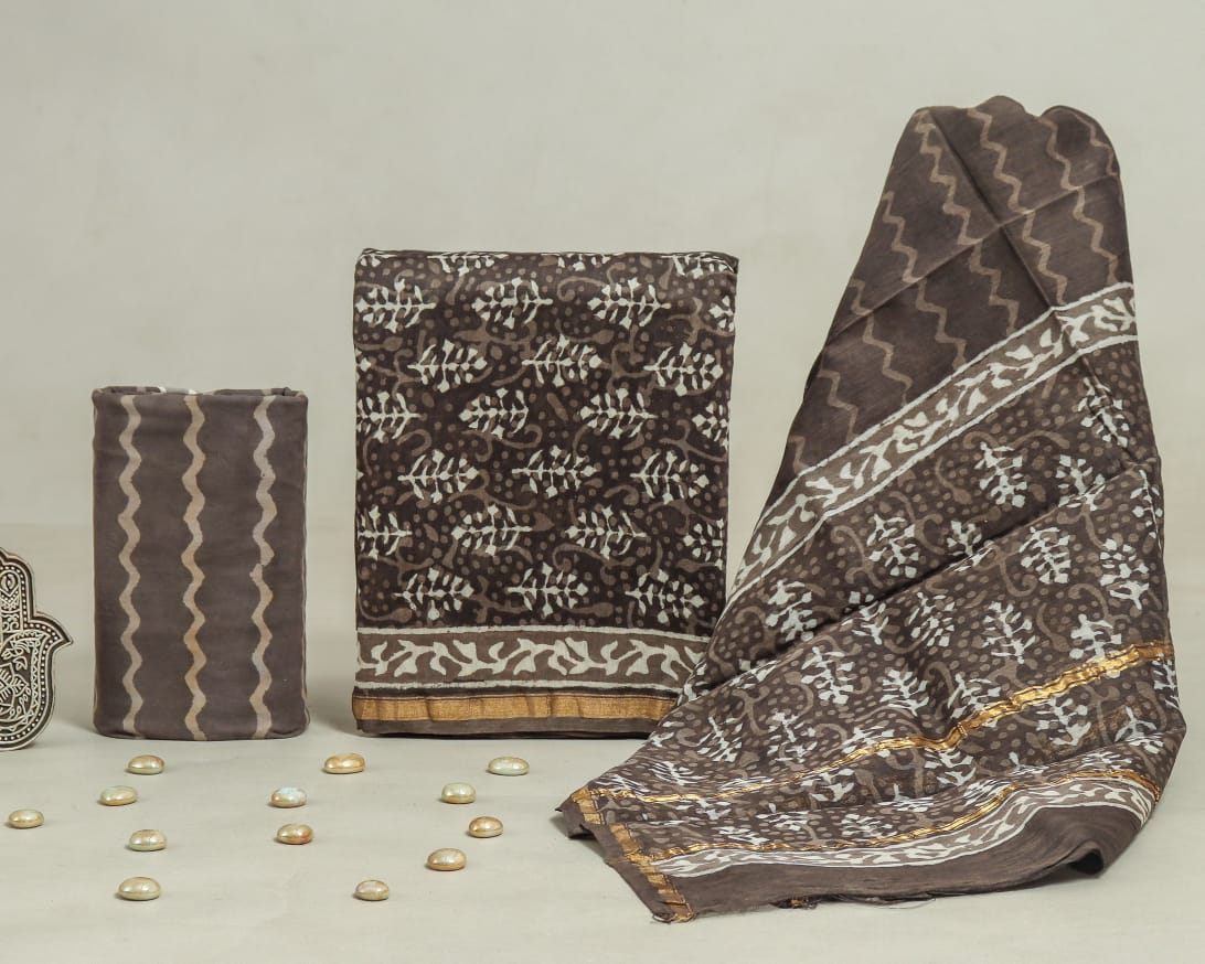 Hand Block Print Chanderi Silk Unstitched Suit
