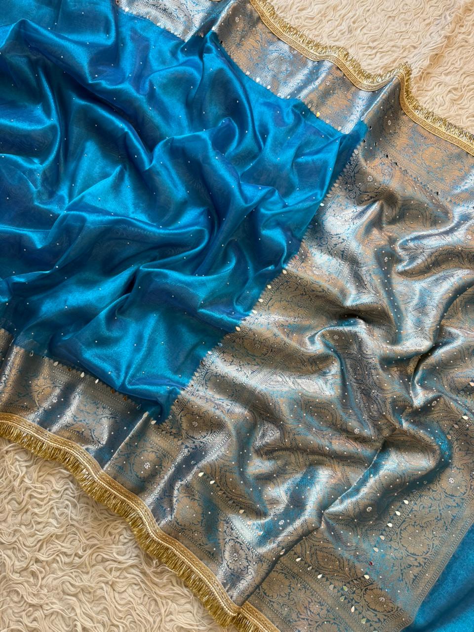 Banarasi Tissue Silk Saree With beautiful borders with beads work