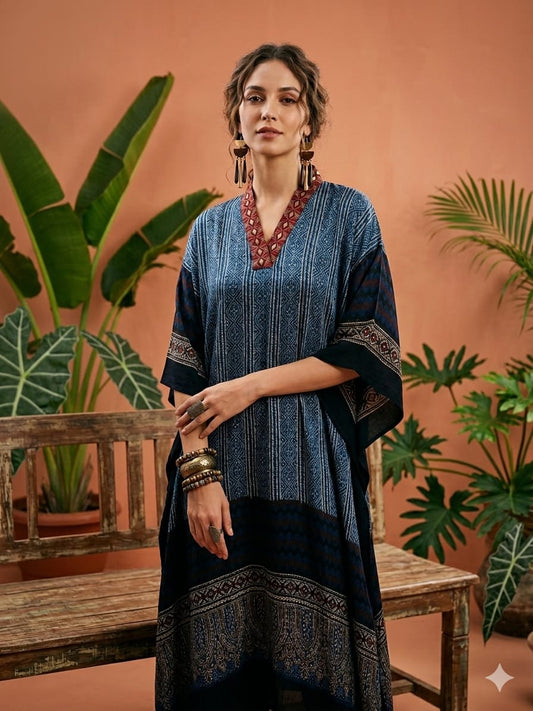 Pure Modal Silk Hand block Printed Kaftans Stitched suit With Hand Mirror Work
