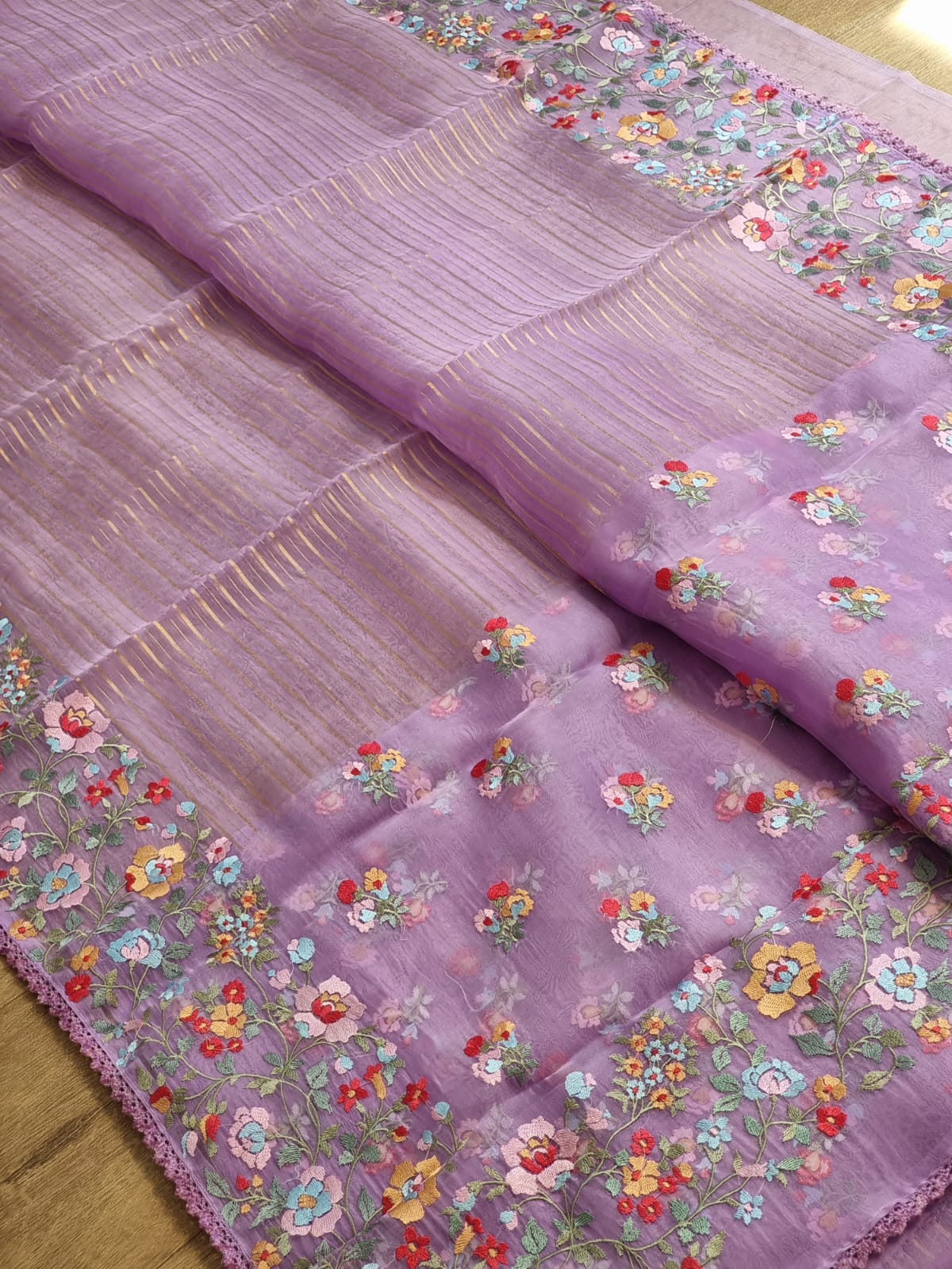 Pure Organza Silk  floral Embroidery Saree with velvet lace and heavy blouse