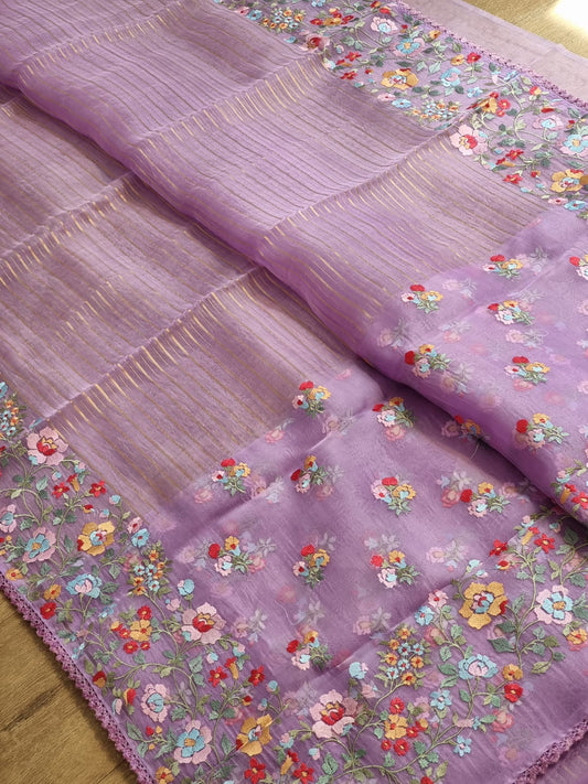 Pure Organza Silk  floral Embroidery Saree with velvet lace and heavy blouse