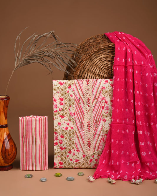 Designer gota patti hand work cotton  unstitched suit with chiffon   dupatta