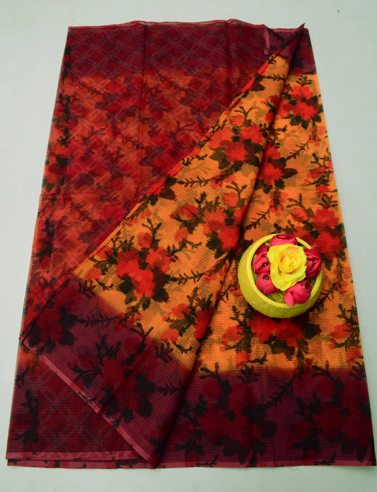 Pure Cotton Kota Doria Kalam Kari Floral Print Sarees