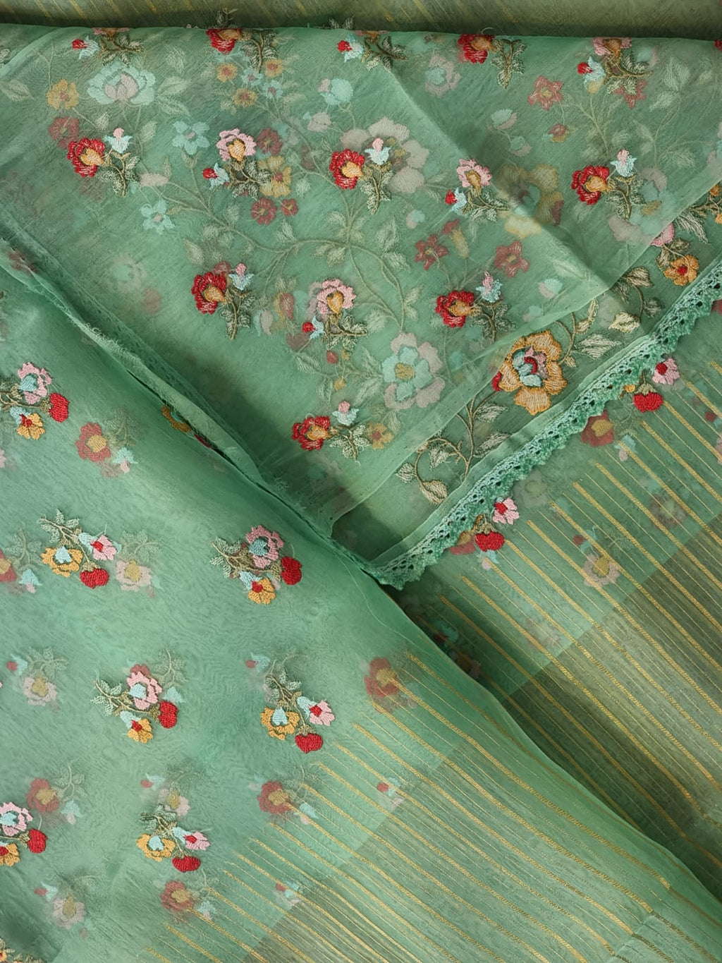Pure Organza Silk  floral Embroidery Saree with velvet lace and heavy blouse