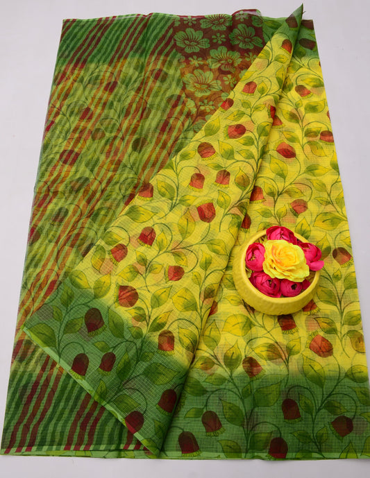 Pure Cotton Kota Doria Kalam Kari Floral Print Sarees