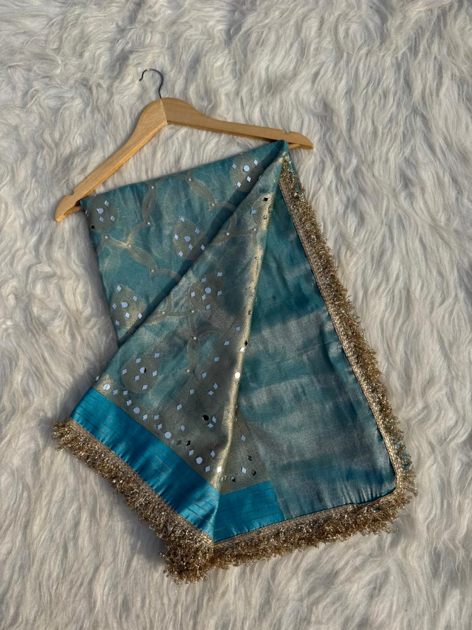 Elegant Tissue Mirror Work Saree with Designer Lace Border