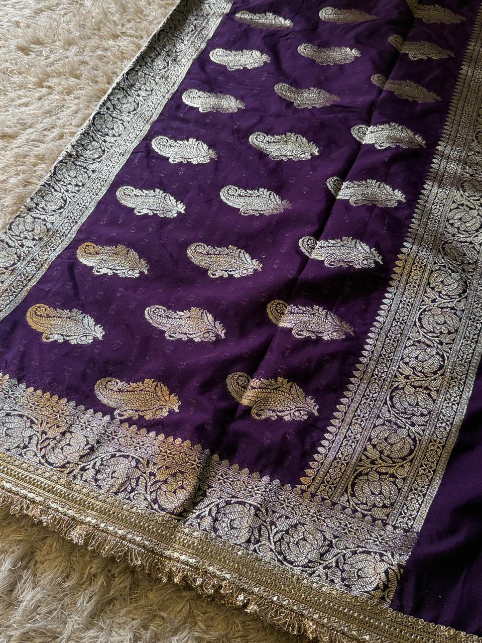 Handloom Banarasi Semi Khaddi Katan Soft Silk Saree With Lace Work Border