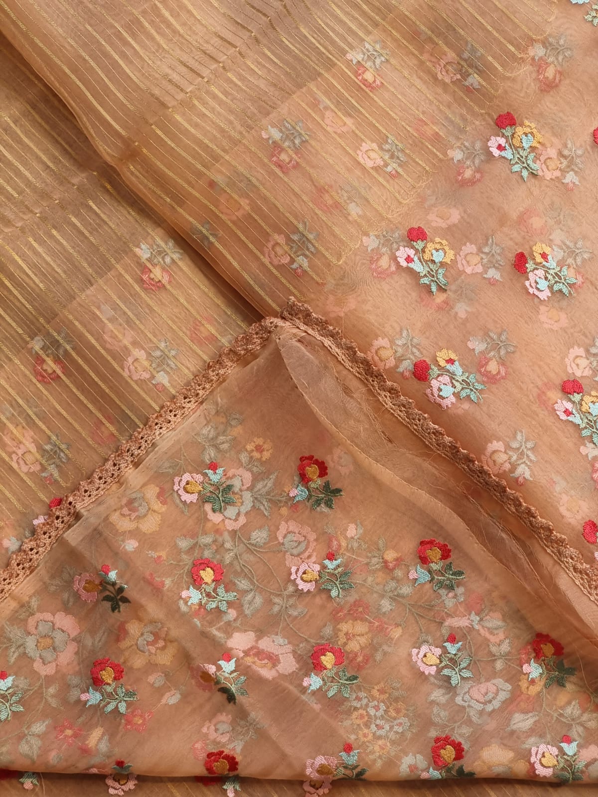 Pure Organza Silk  floral Embroidery Saree with velvet lace and heavy blouse