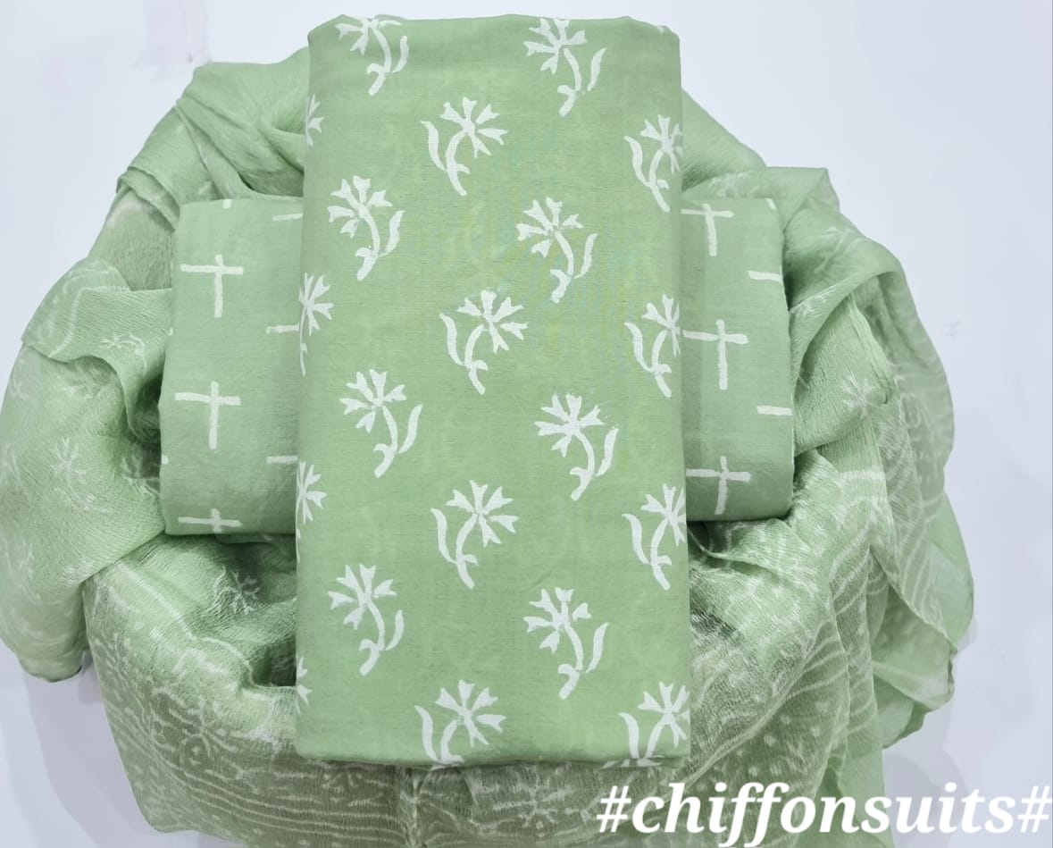 Pure cotton hand-block print suit with Chiffon dupatta